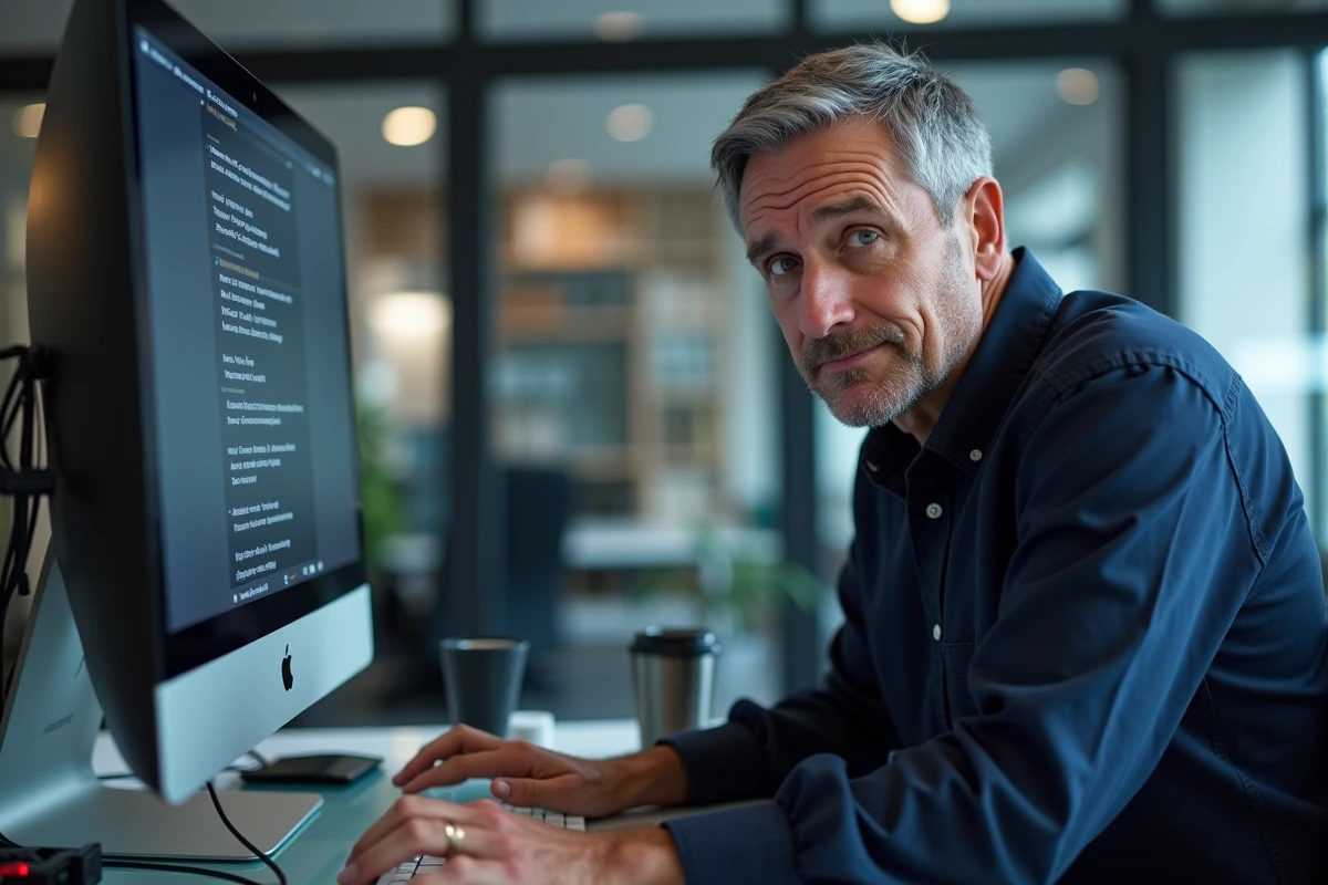 Homme vérifiant les paramètres clavier dans les préférences système macOS sur un iMac pour corriger la touche arobase