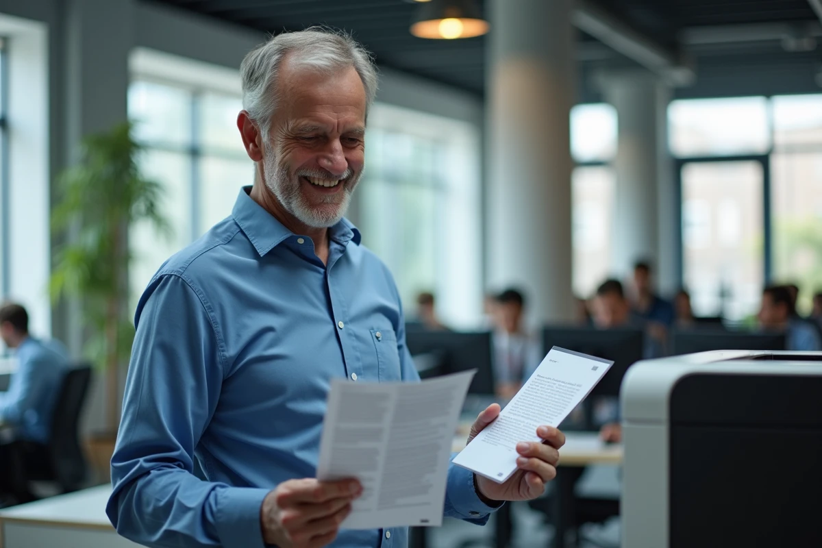 Homme vérifiant un document imprimé dans un espace de travail partagé
