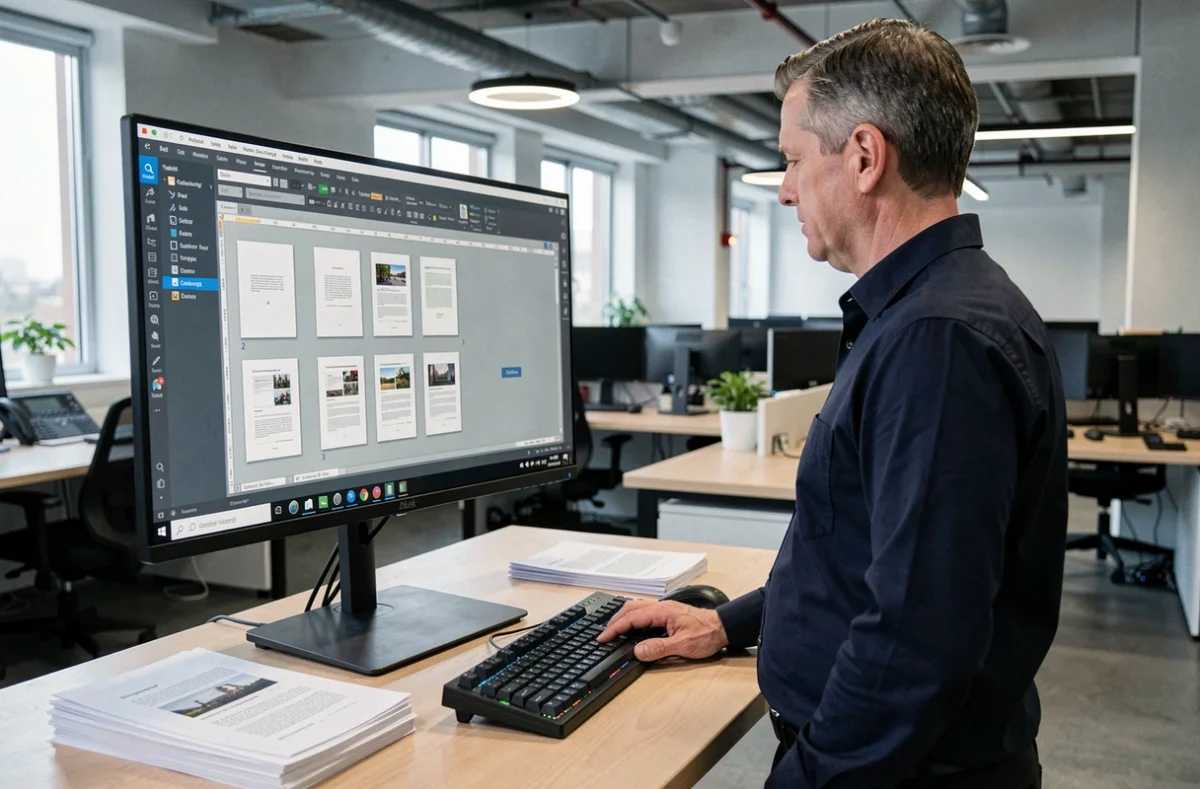 Homme utilisant un logiciel d'édition PDF pour fusionner et supprimer des pages sur grand écran