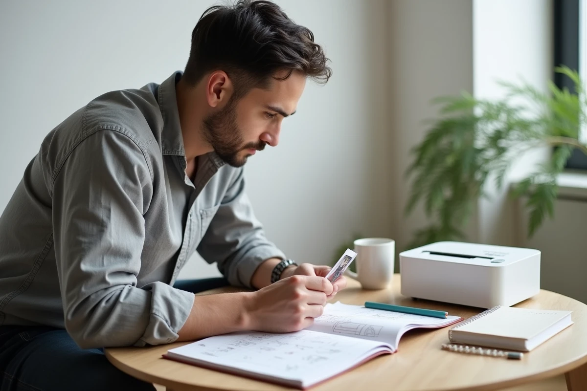 Homme comparant une impression de mini imprimante thermique avec une page de bullet journal dans un salon minimaliste