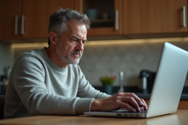 Homme d'âge moyen regardant un routeur wifi en cuisine