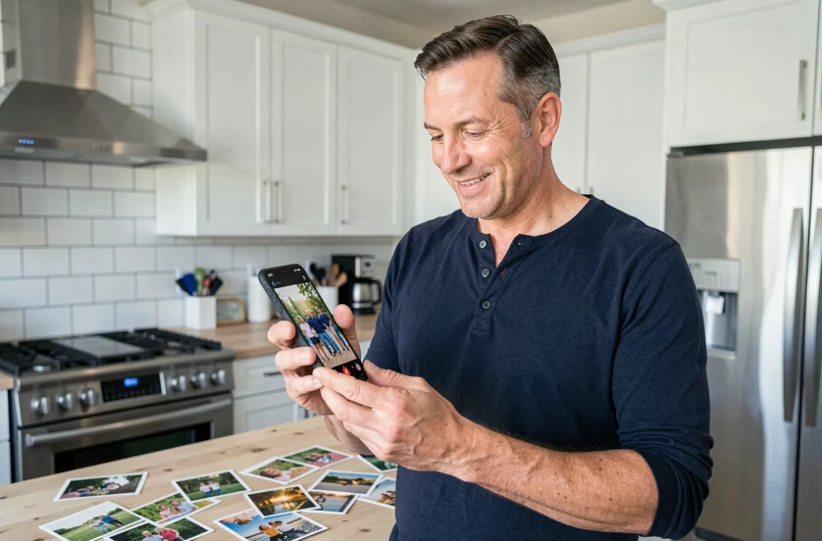 Homme partageant des photos de vacances en famille depuis Amazon Photos sur smartphone dans une cuisine moderne