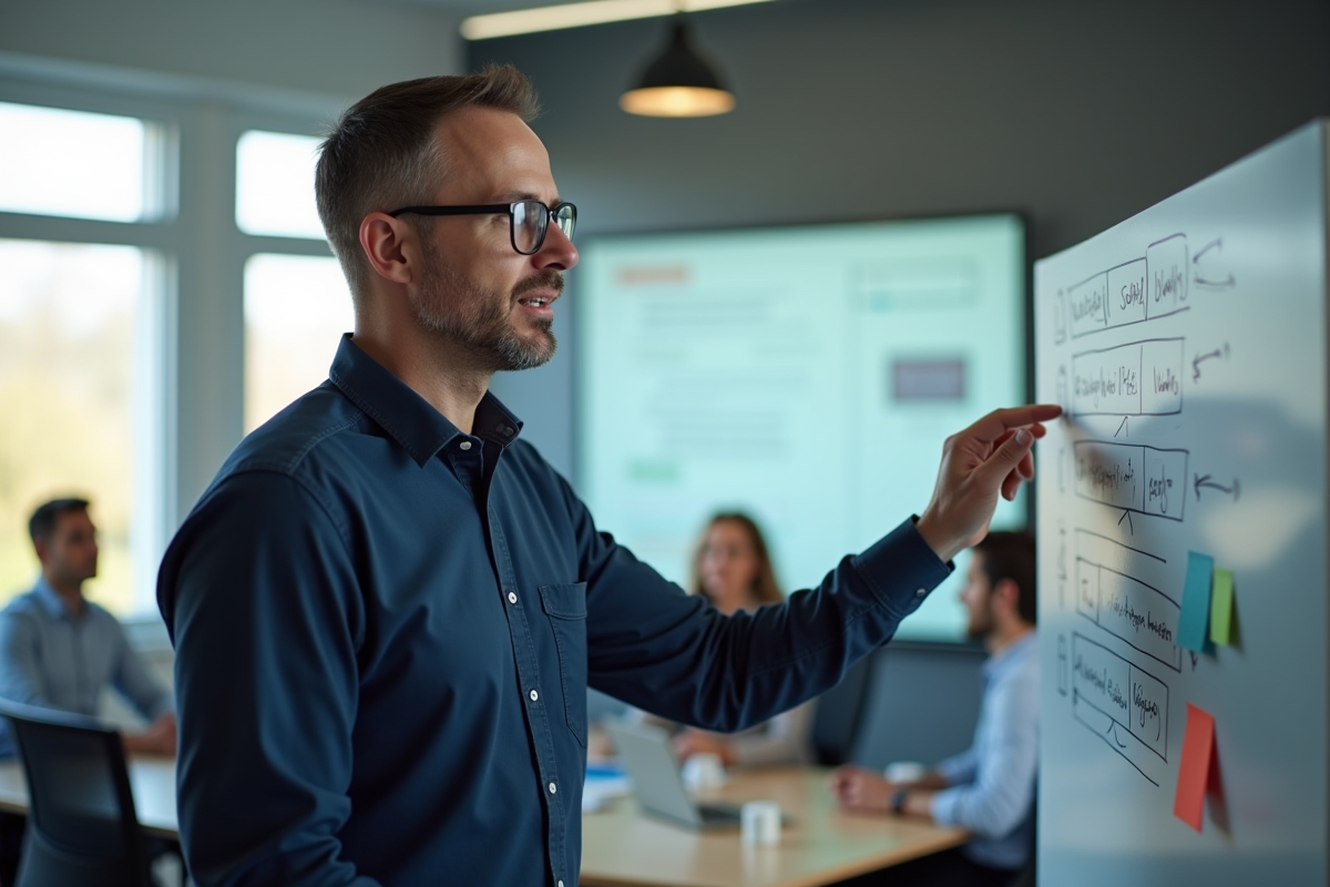 Homme présentant des concepts web sur un tableau blanc numérique
