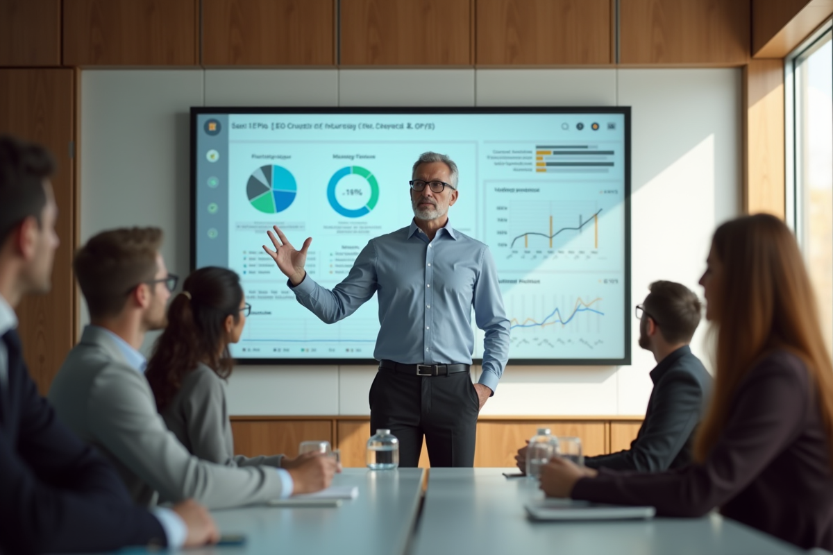 Homme en réunion strategy SEO avec tableau interactif