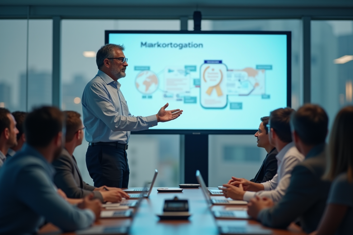 Homme en réunion projette une présentation devant collègues