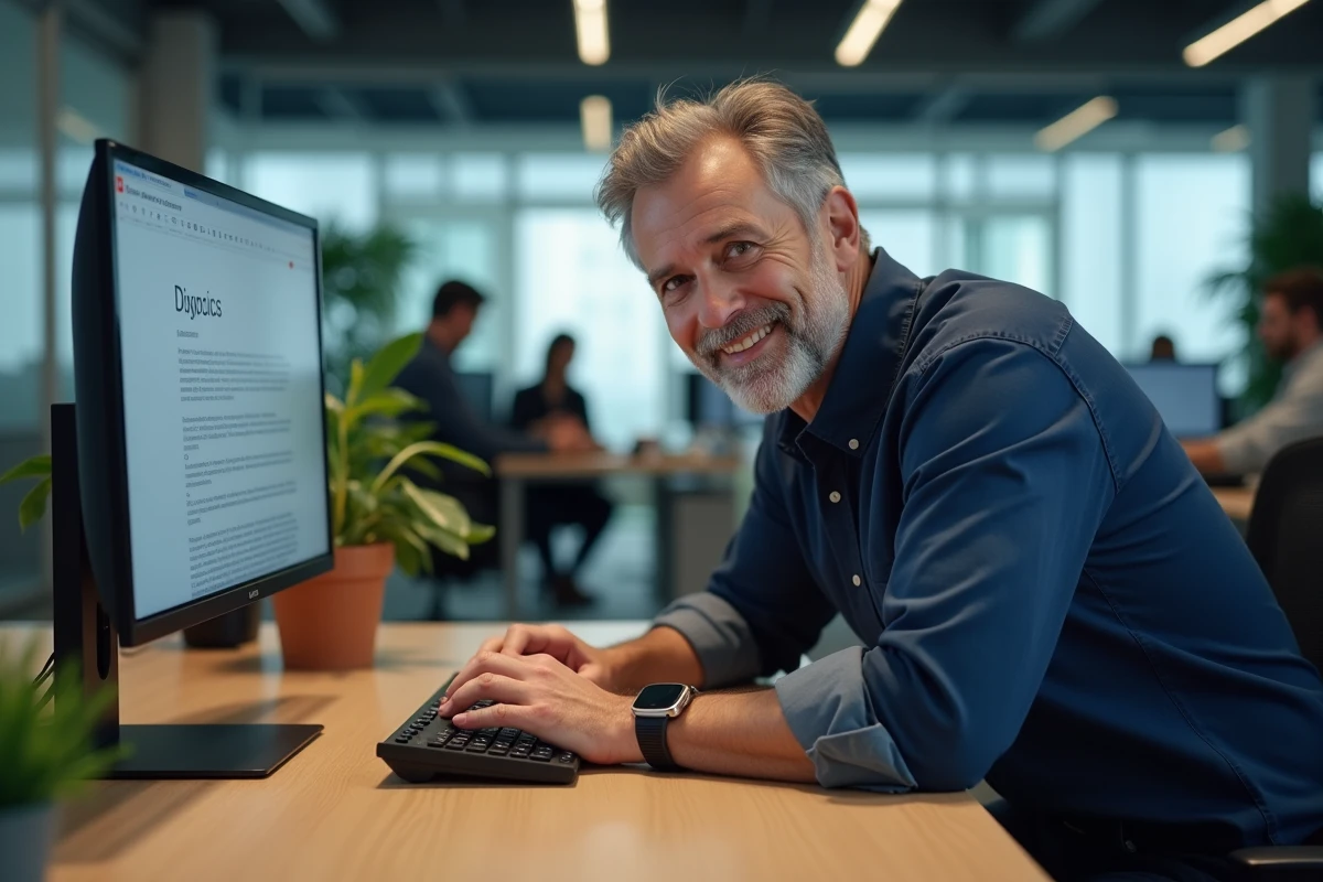 Homme en bureau professionnel utilisant un raccourci clavier pour insérer un accent espagnol dans Google Docs