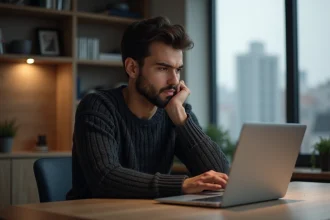 Homme pensif dans un bureau moderne avec ordinateur
