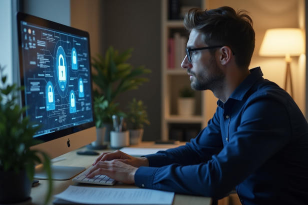 Homme concentré devant un écran avec cadenas numériques