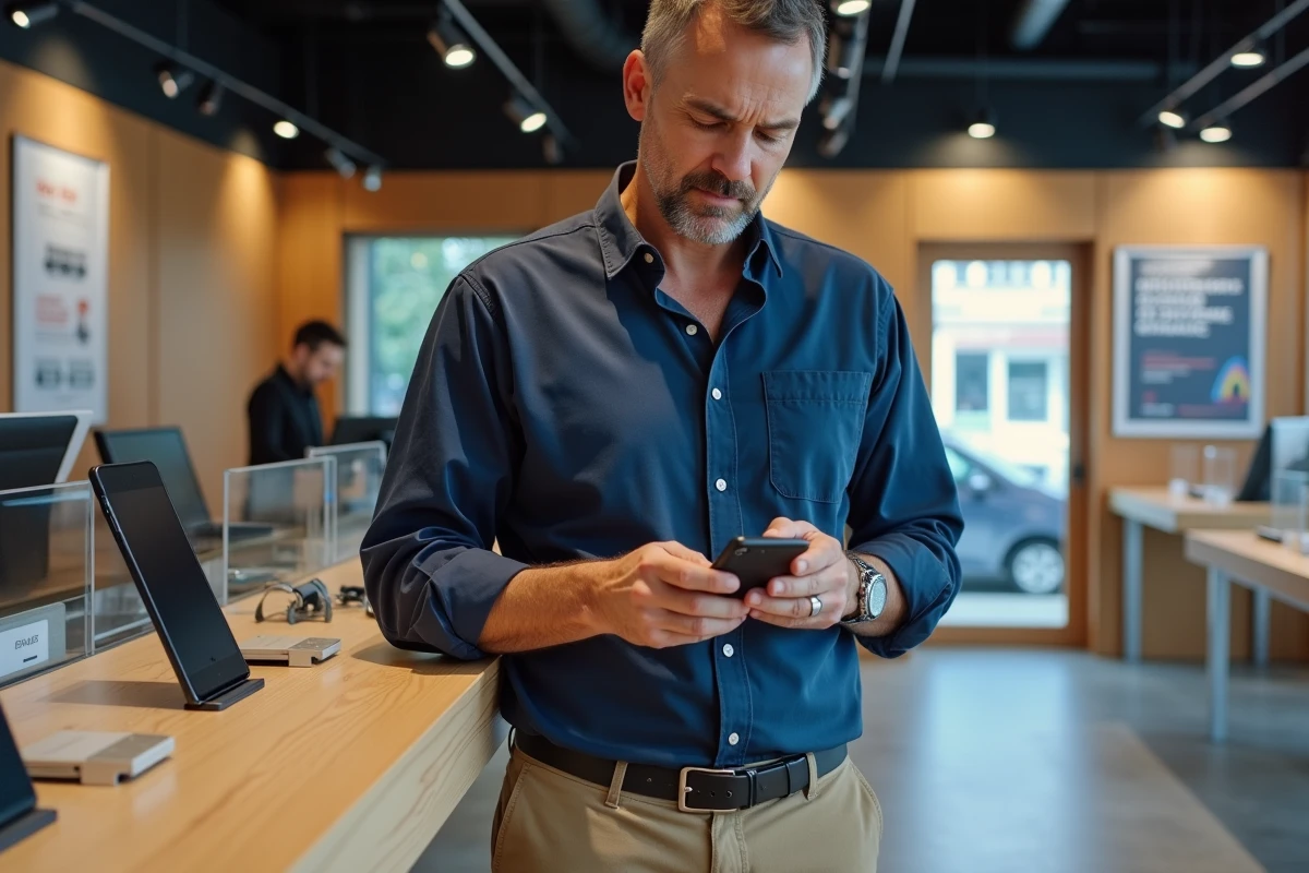 Homme examine un smartphone reconditionne dans un magasin technologique