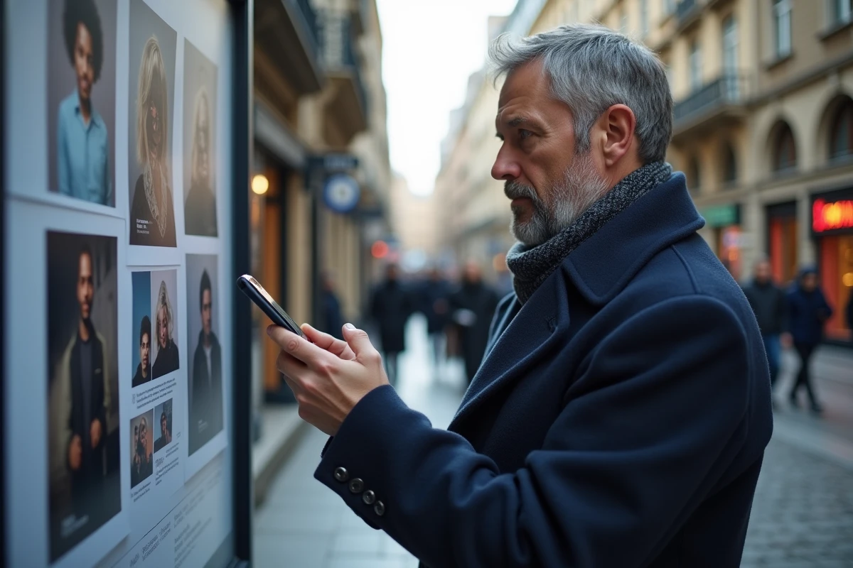 Homme dans la rue scannant une photo sur un panneau d