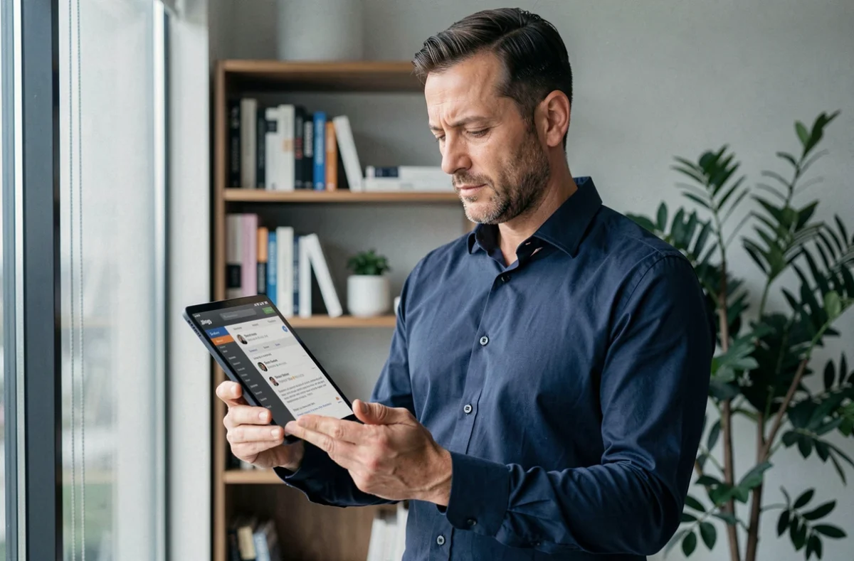 Homme consultant un fil d'emails sur tablette avec champs destinataires multiples visibles, illustrant l'usage du Cc et Cci