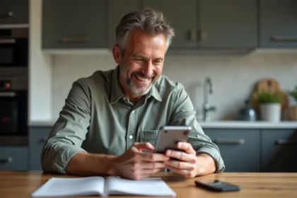 Homme d'âge moyen utilisant un téléphone mobile dans la cuisine