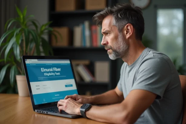 Homme frustré effectuant un test d'éligibilité fibre SFR sur son ordinateur portable à son bureau