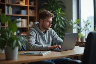 Homme concentré sur son ordinateur dans un bureau à domicile