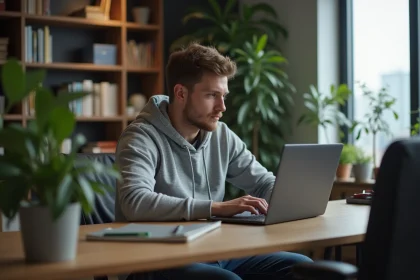 Homme concentré sur son ordinateur dans un bureau à domicile