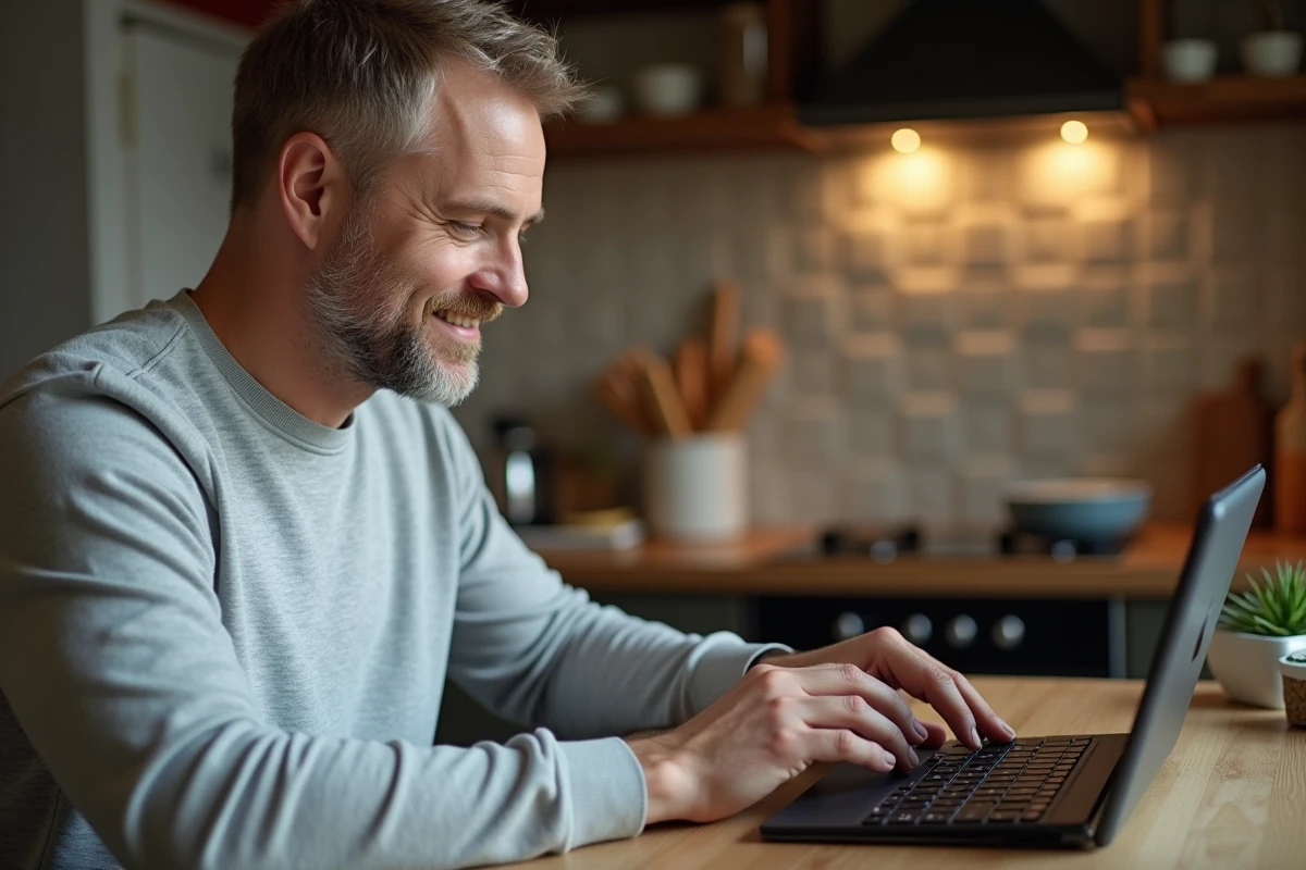 Homme utilisant un clavier sans fil sur une table de cuisine chaleureuse