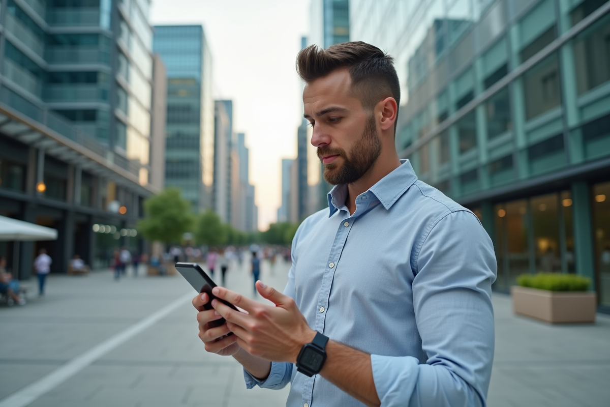 Homme utilisant son smartphone dans un environnement urbain dynamique