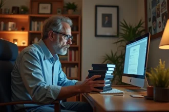 Homme d'âge moyen regardant un ordinateur avec des cassettes VHS