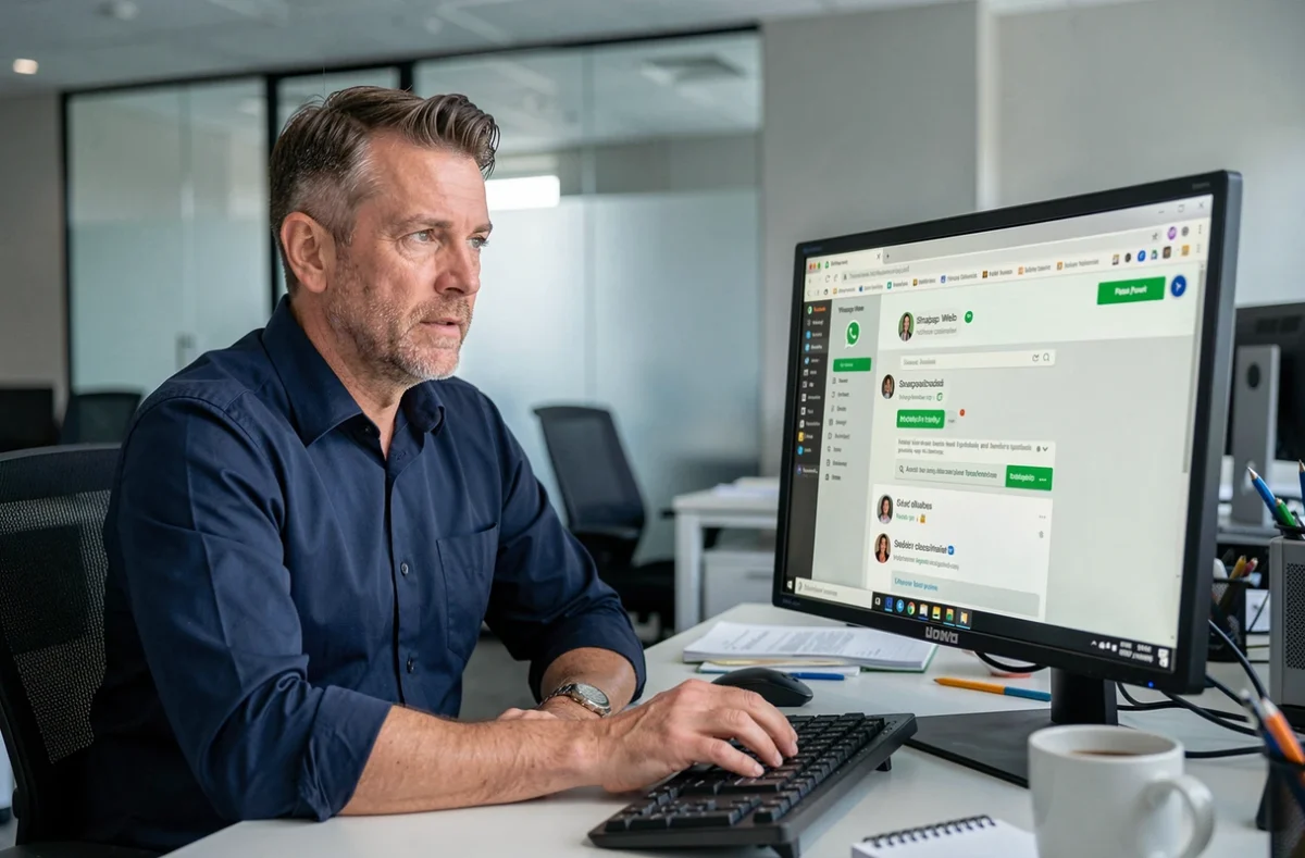 Homme consultant WhatsApp Web sur ordinateur de bureau dans un open space professionnel moderne