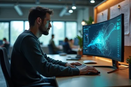 Ingénieur spécialisé en rendu 3D travaillant sur une scène complexe de Neural Radiance Fields affichée sur un écran ultra-large dans un studio de développement moderne