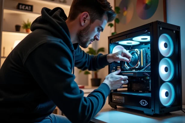 Jeune homme installe un refroidisseur liquide PC dans un bureau