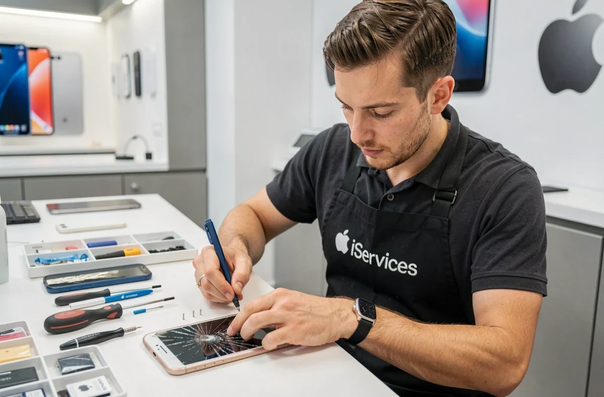 Technicien iServices Saint-Herblain remplaçant l'écran d'un iPhone avec des outils certifiés Apple