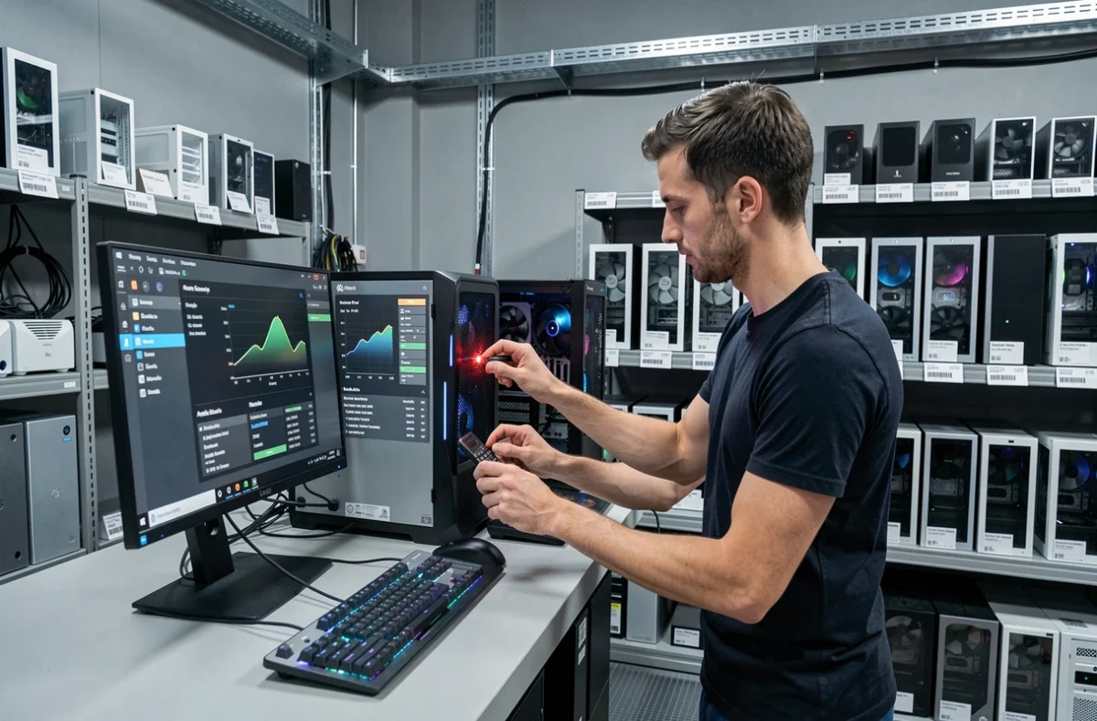 Technicien IT Just Good démarrant un PC de bureau reconditionné haute performance dans une boutique spécialisée