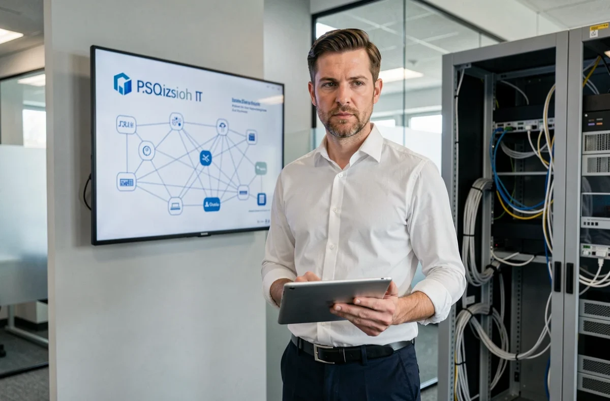Consultant informatique présentant des solutions réseau dans un bureau moderne