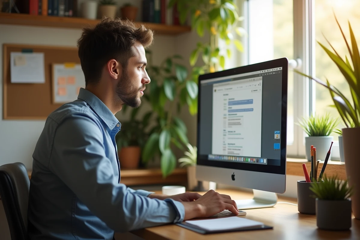 Jeune enseignant triant ses emails dans un bureau lumineux