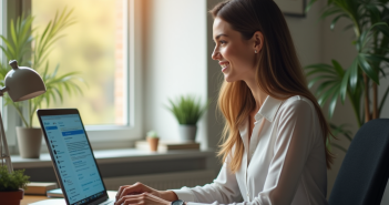 Jeune femme professionnelle travaillant sur son ordinateur dans un bureau lumineux
