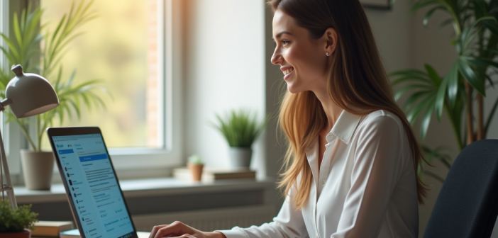 Jeune femme professionnelle travaillant sur son ordinateur dans un bureau lumineux