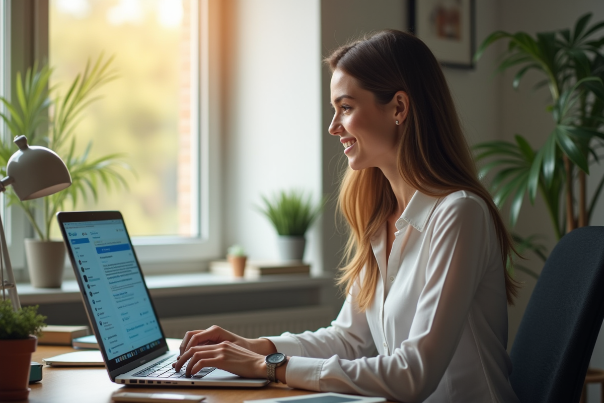 Jeune femme professionnelle travaillant sur son ordinateur dans un bureau lumineux
