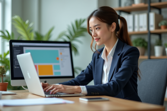 Jeune femme professionnelle travaillant sur un ordinateur dans un bureau moderne