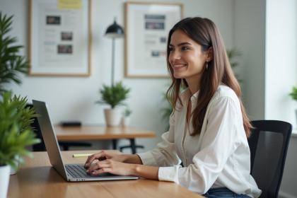 Jeune femme professionnelle travaillant sur un ordinateur dans un bureau moderne
