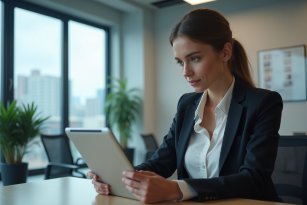 Jeune femme professionnelle regarde un mockup de site web