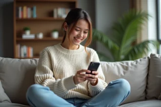 Jeune femme souriante utilisant Instagram sur son smartphone dans un appartement cosy, créant un compte privé pour ses amis proches