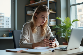 Jeune femme en home office analysant son smartphone