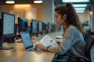 Jeune femme concentrée sur son ordinateur dans un laboratoire universitaire