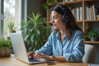 Jeune femme concentrée avec casque et ordinateur portable