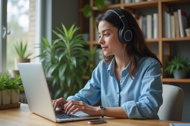 Jeune femme concentrée avec casque et ordinateur portable