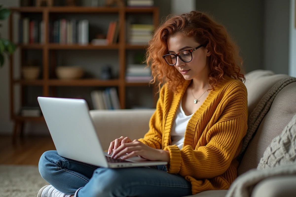 Jeune femme assise sur un canapé avec un MacBook Pro vérifiant les paramètres de langue et de clavier pour corriger l'arobase