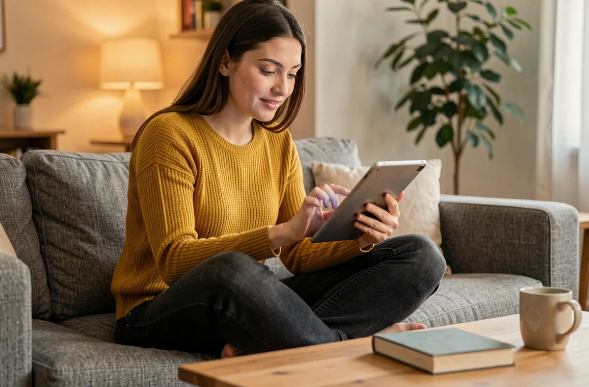 Jeune femme configurant les réglages de messages rapides sur tablette dans un salon confortable