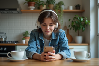 Jeune femme avec casque et smartphone dans une cuisine moderne