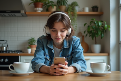 Jeune femme avec casque et smartphone dans une cuisine moderne