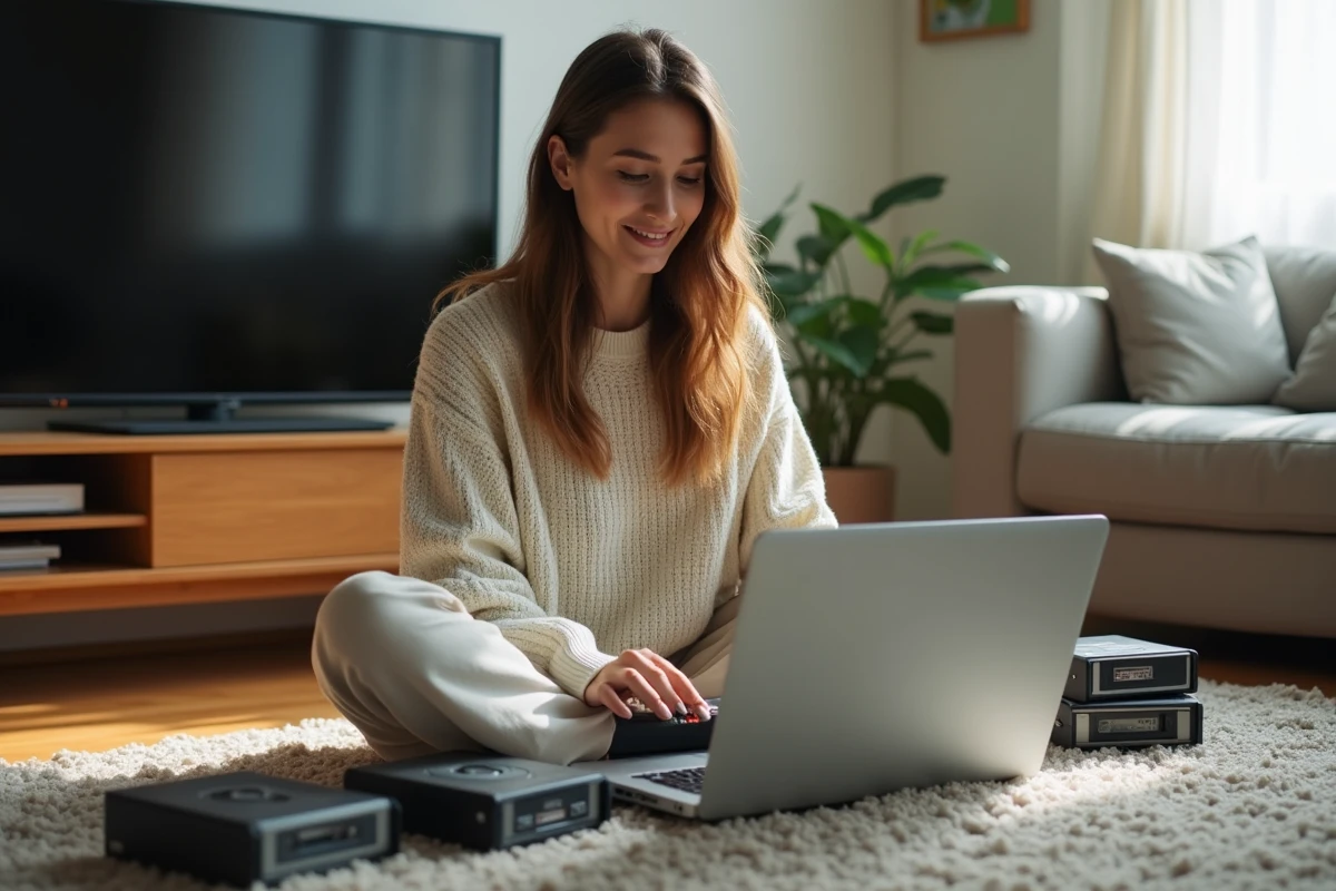 Jeune femme transférant des cassettes vidéo sur un ordinateur