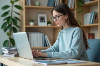 Jeune femme en bleu chargeant des images sur son ordinateur