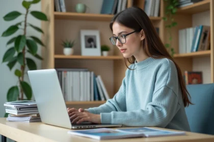 Jeune femme en bleu chargeant des images sur son ordinateur