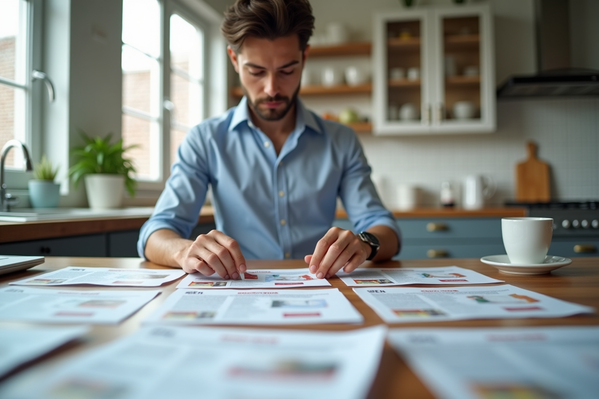 Jeune homme organisant des flyers dans la cuisine