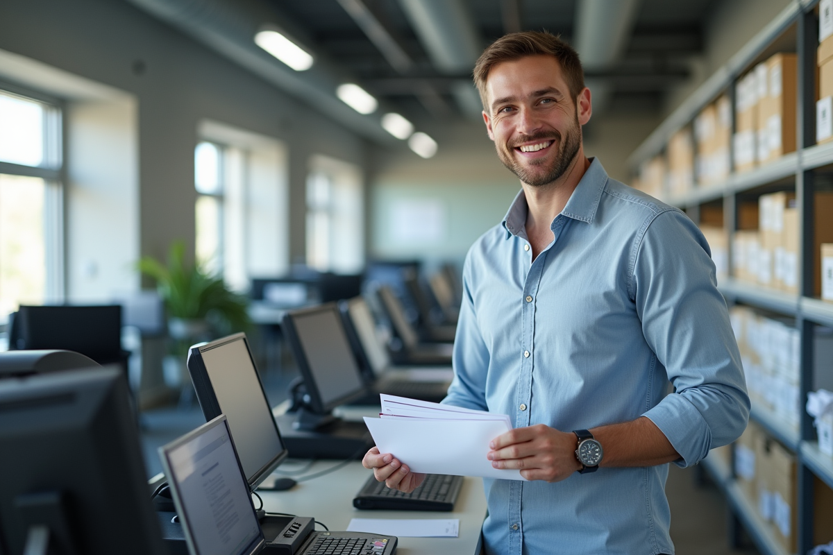 Jeune homme en chemise scannant du courrier dans un mailroom