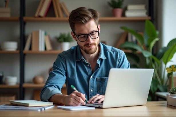 Jeune homme en denim au bureau à domicile en train de prendre des notes